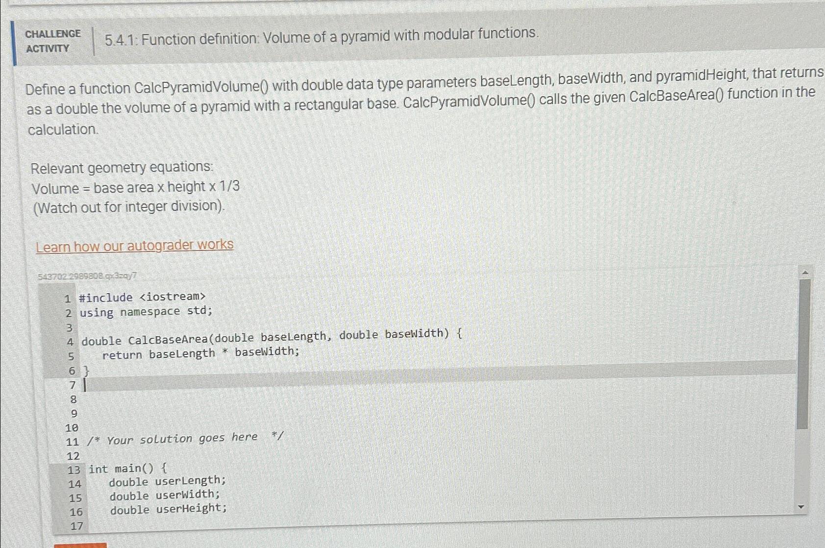 Solved CHALIENGEACTIVITY5.4.1: Function definition: Volume | Chegg.com