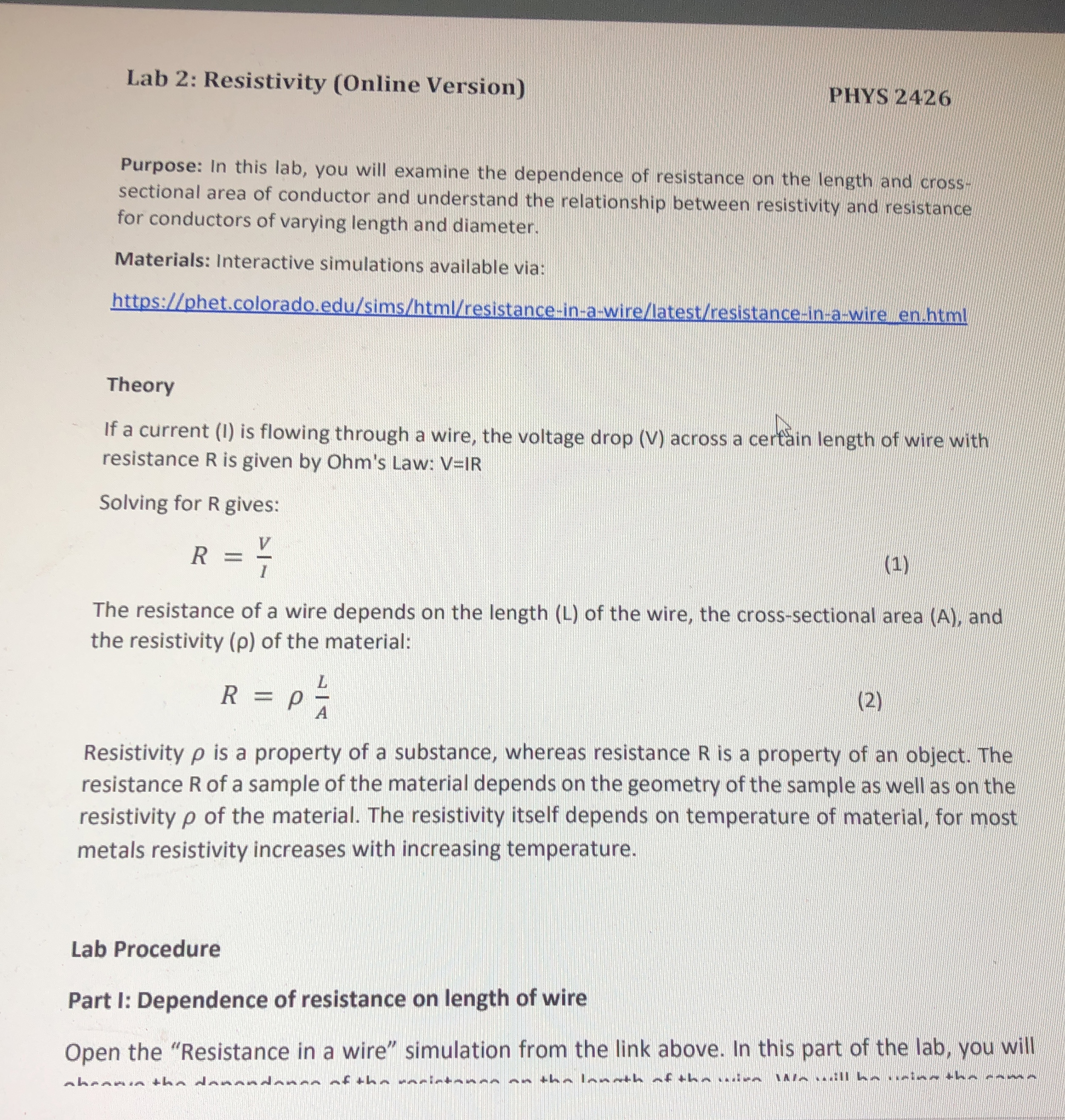 Solved Lab 2: Resistivity (Online Version)PHYS 2426Purpose: | Chegg.com