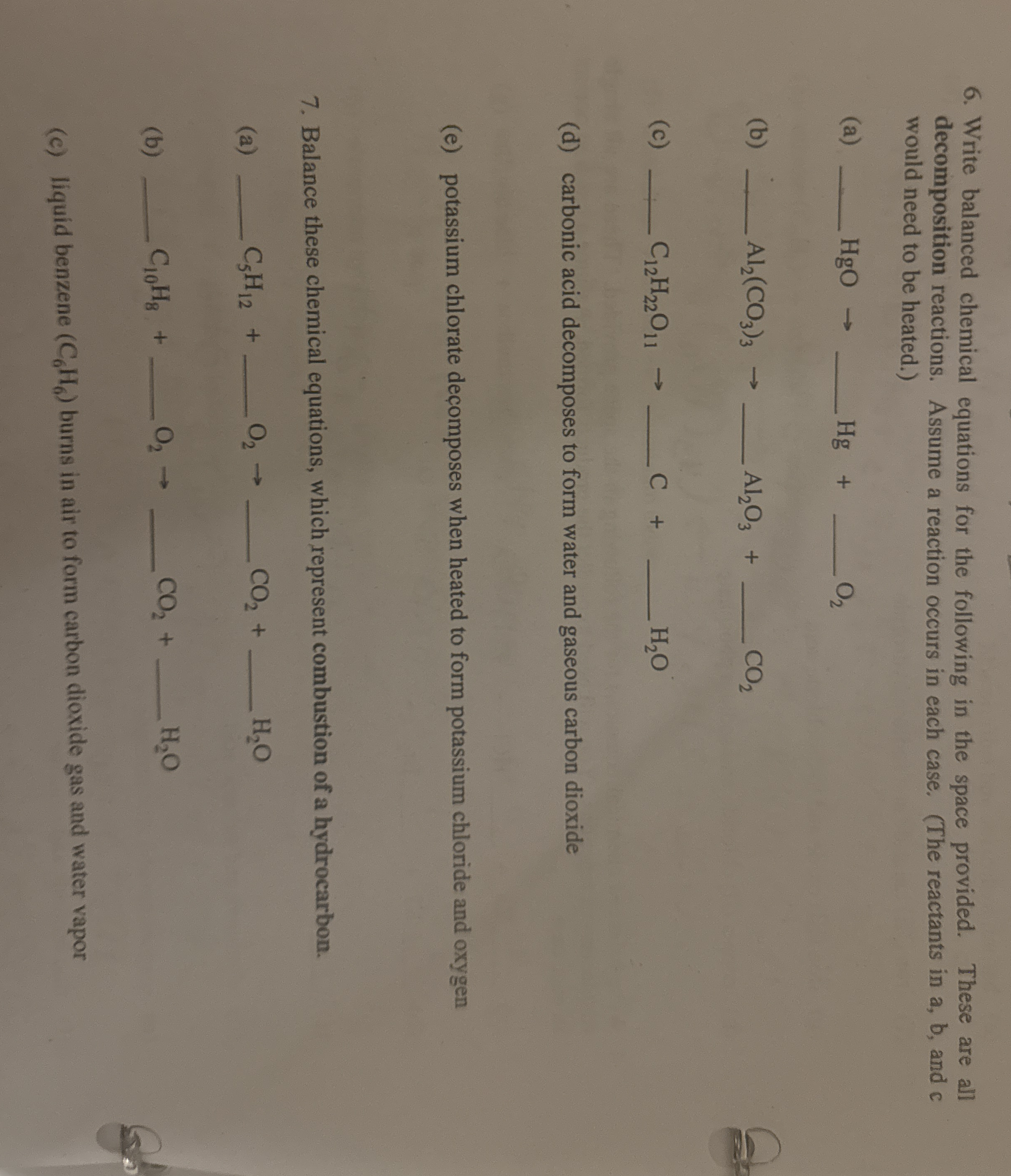 Solved Write balanced chemical equations for the following | Chegg.com