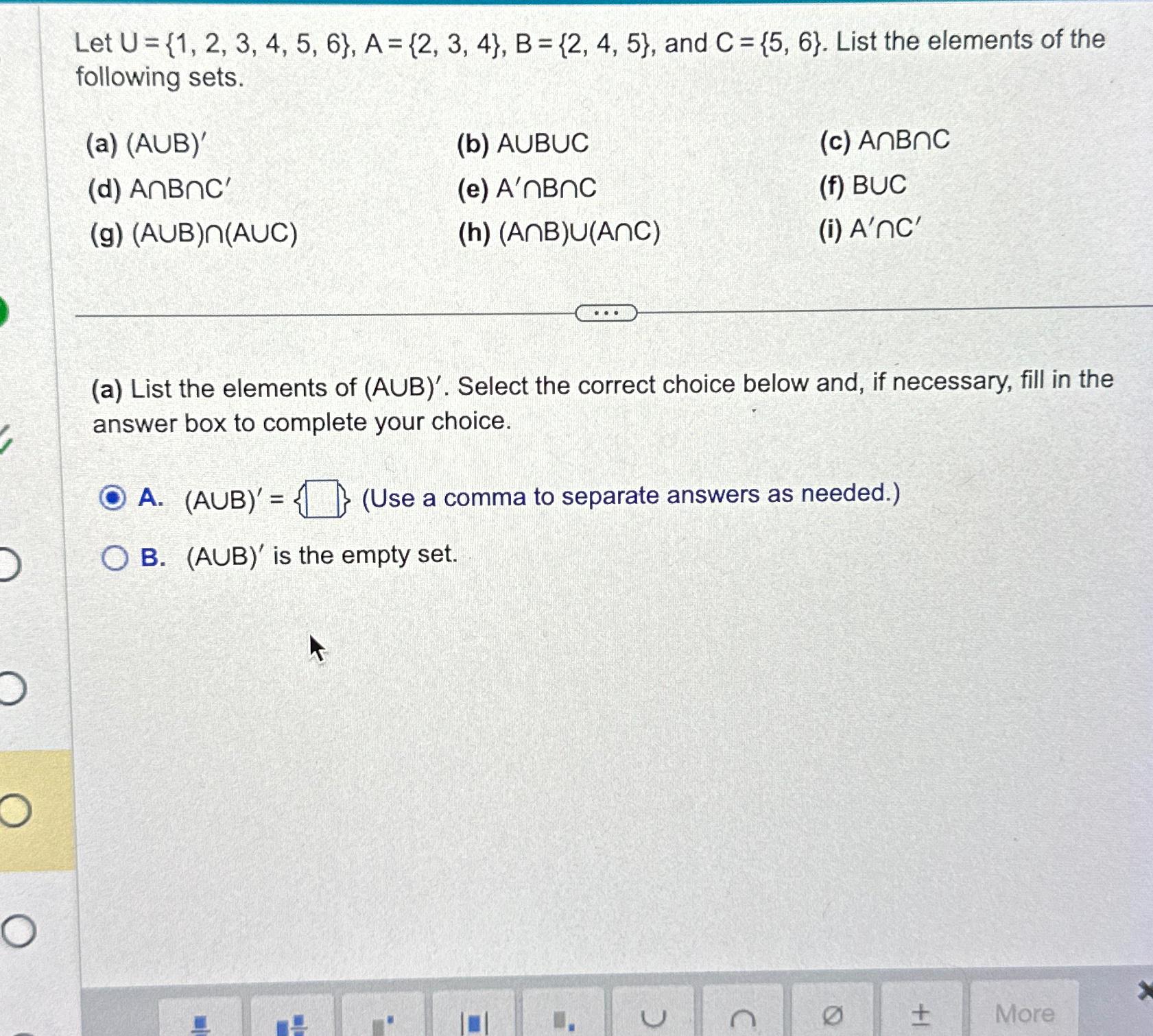 Solved Let U={1,2,3,4,5,6},A={2,3,4},B={2,4,5}, ﻿and | Chegg.com