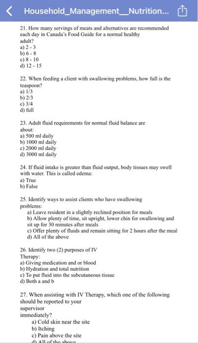 Household_Management_Nutrition... 21. How many servings of meats and alternatives are recommended each day in Canadas Food G