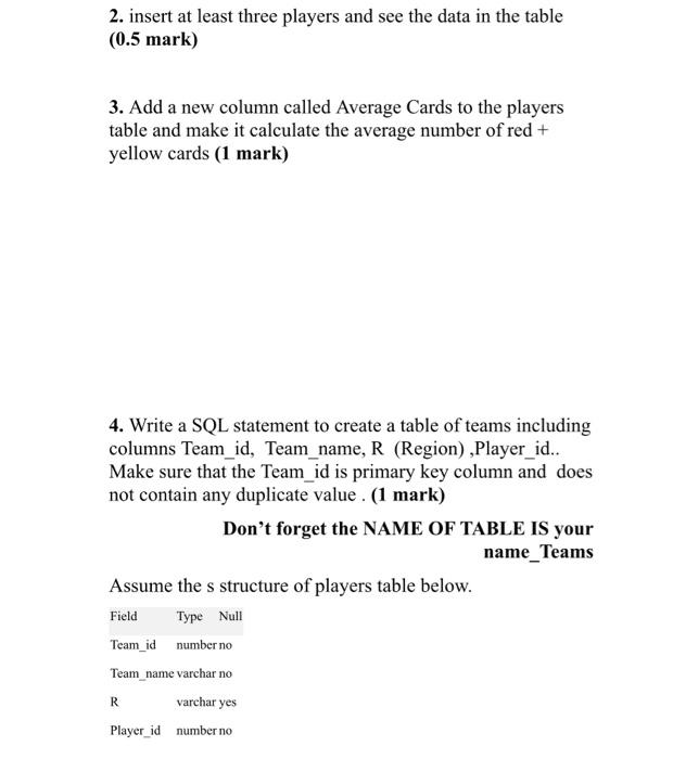 Solved 1. Write a SQL statement to create a table of players | Chegg.com