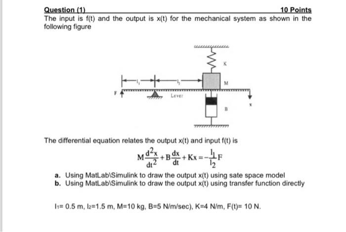 Solved Question (1) 10 Points The input is f(t) and the | Chegg.com