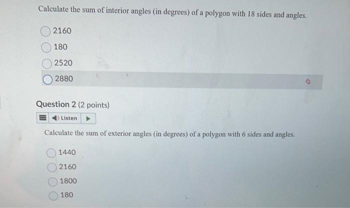 Solved Calculate the sum of interior angles (in degrees) of | Chegg.com