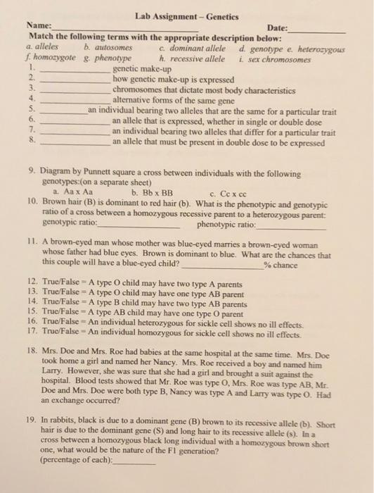 Solved Date: Lab Assignment - Genetics Name: Match the | Chegg.com
