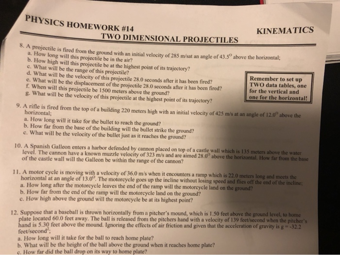 physics homework #13 two dimensional projectiles