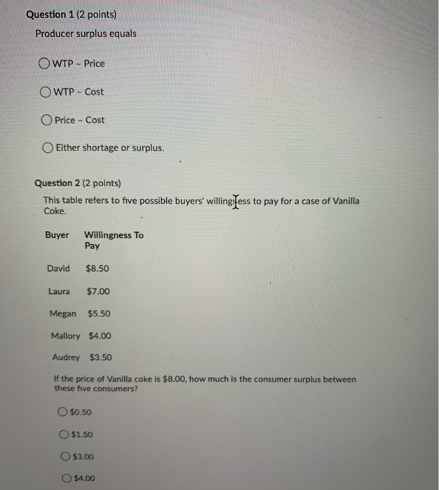Solved Question 1 (2 points) Producer surplus equals OWTP