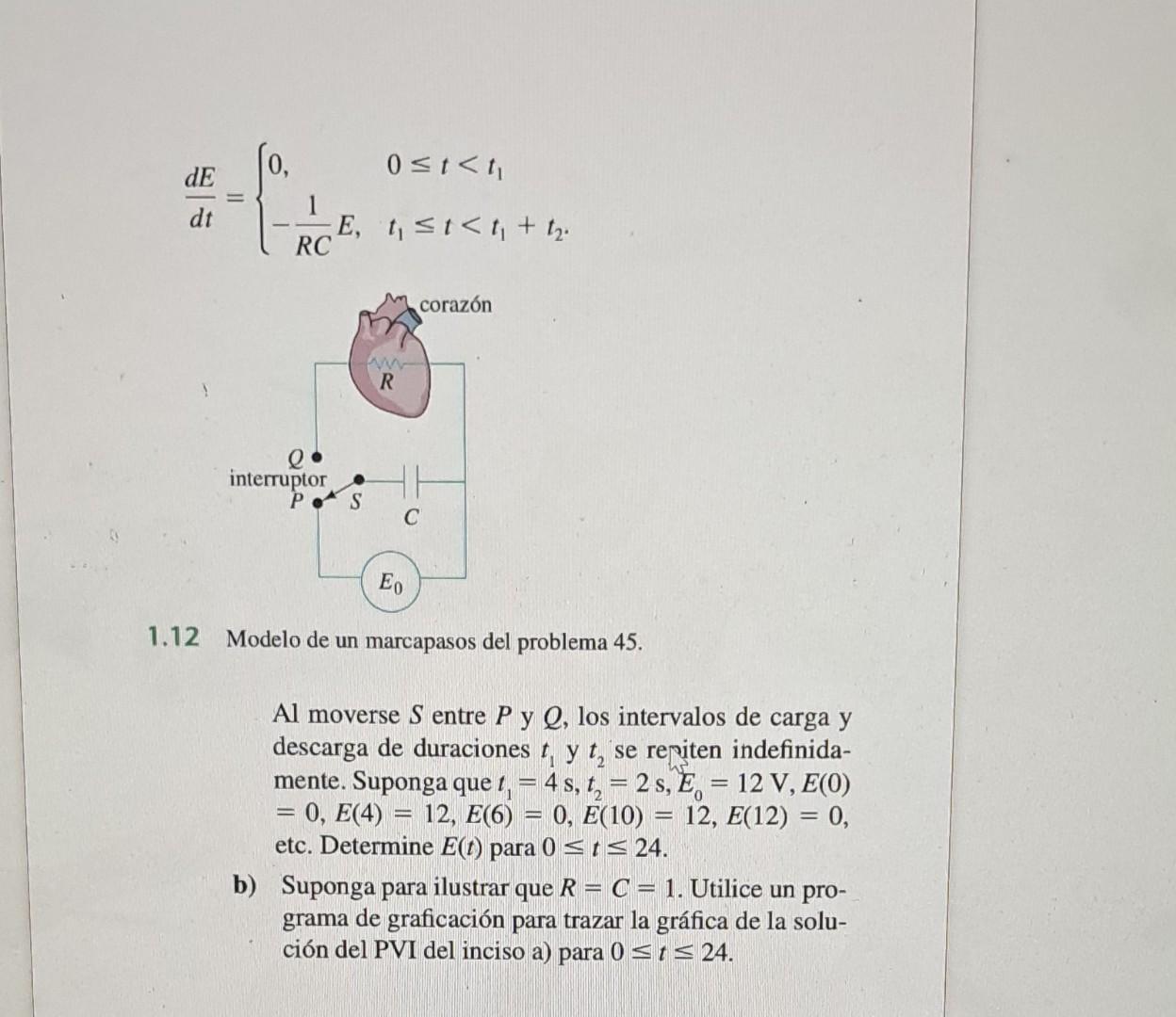 \[ \frac{d E}{d t}=\left\{\begin{array}{ll} 0, & 0 \leq t<t_{1} \\ -\frac{1}{R C} E, & t_{1} \leq t<t_{1}+t_{2} . \end{array}