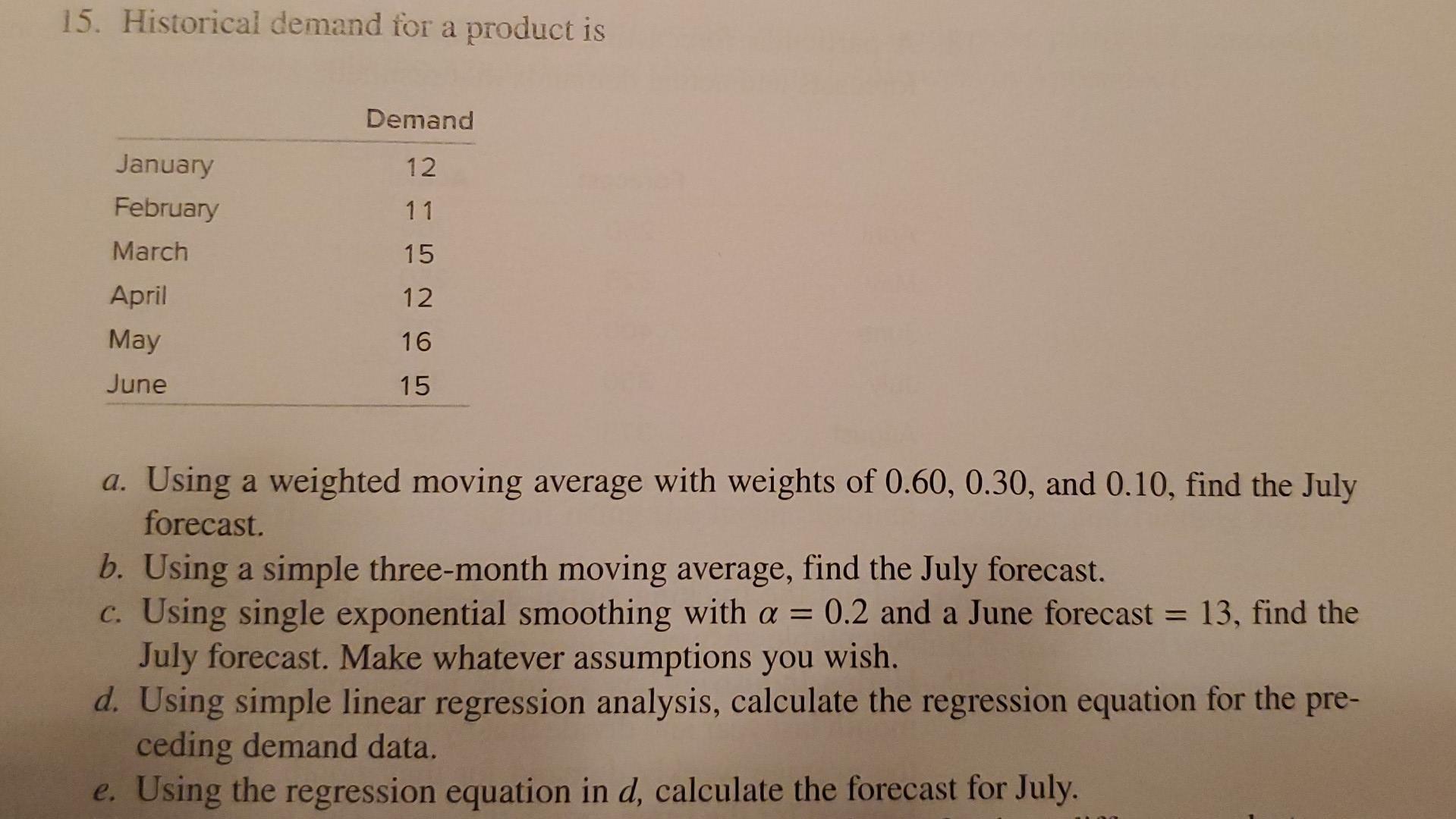 Solved 15. Historical demand for a product is a. Using a