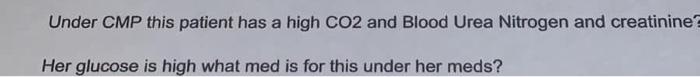 Under CMP this patient has a high CO2 and Blood Urea Nitrogen and creatinine? Her glucose is high what med is for this under