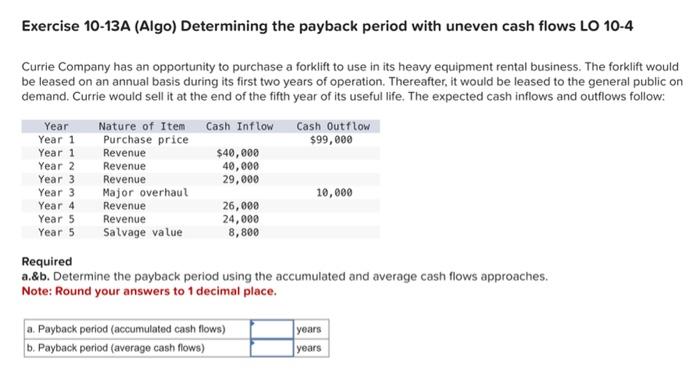 Solved Exercise 10-13A (Algo) Determining the payback period | Chegg.com