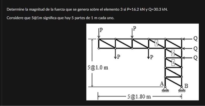 Determine la magnitud de la fuerza que se genera sobre el elemento 3 si \( P=16.2 \mathrm{kN} \) y \( Q=30.3 \mathrm{kN} \).