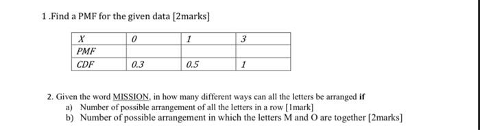 Solved 1.Find a PMF for the given data [2 marks] 0 1 3 X PMF | Chegg.com