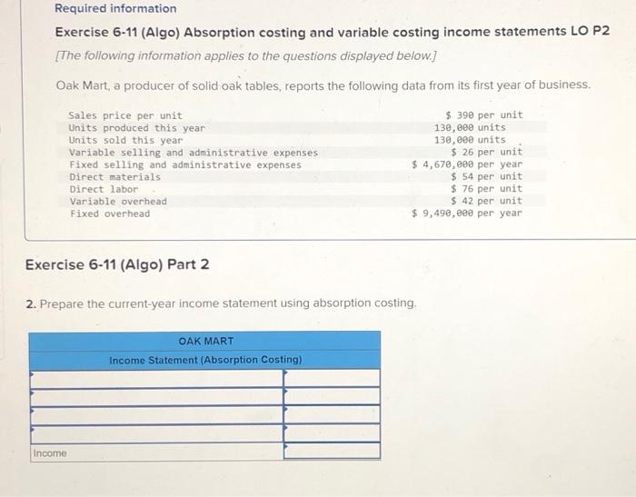 Solved Exercise 6.11 (Algo) Absorption Costing And Variable | Chegg.com