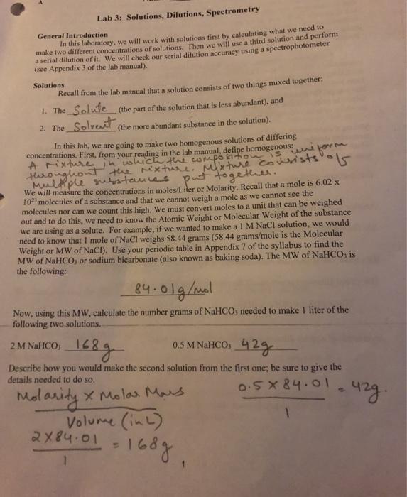 Lab 3 Solutions, Dilutions, Spectrometry General