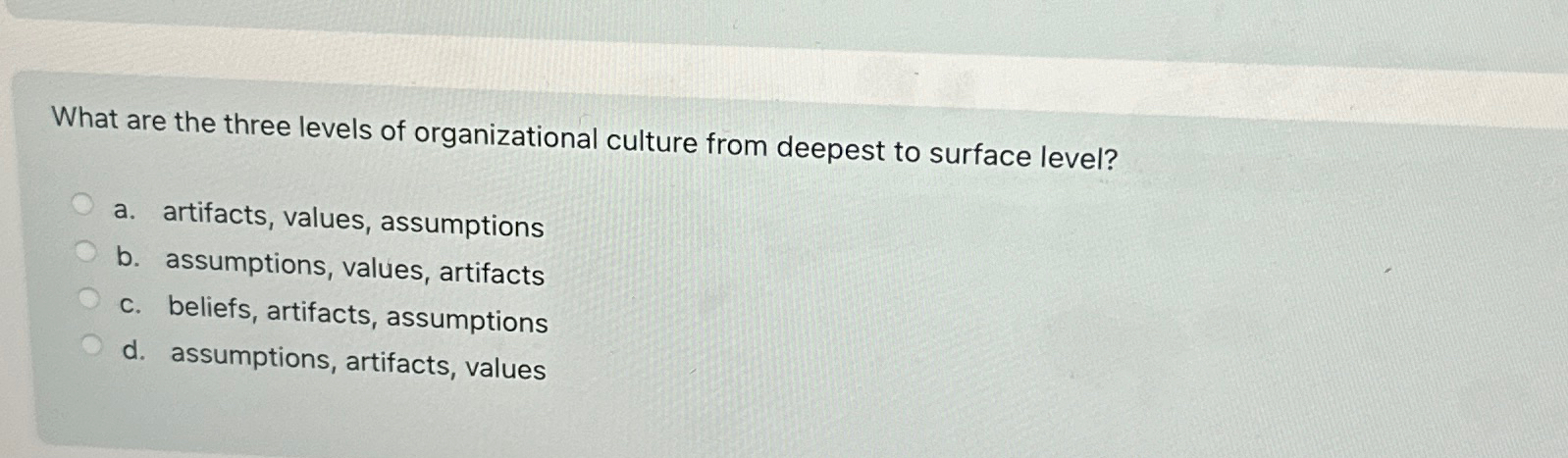 Solved What are the three levels of organizational culture | Chegg.com