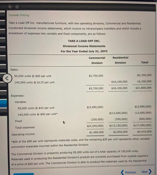 Solved Transfer Pricing Take a Load Off Inc. manufactures | Chegg.com