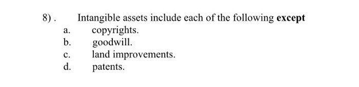 Assets Include All Of The Following Except Solved Intangible assets include each of the following | Chegg.com