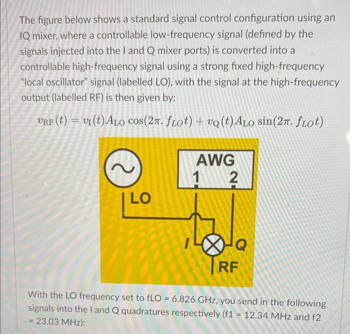 The figure below shows a standard signal control configuration using an
IQ mixer, where a controllable low-frequency signal (