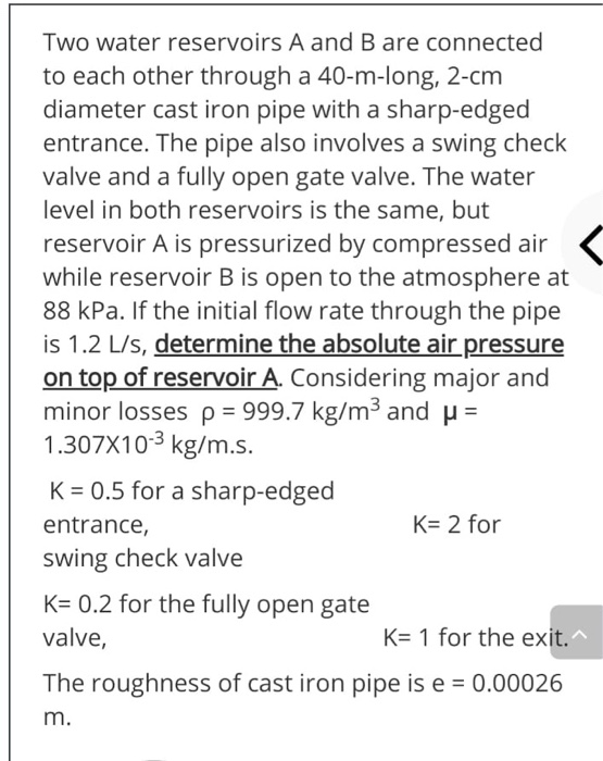Solved Two water reservoirs A and B are connected to each
