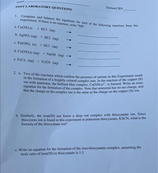 Solved 1. Complete and balance the equations for each of the | Chegg.com