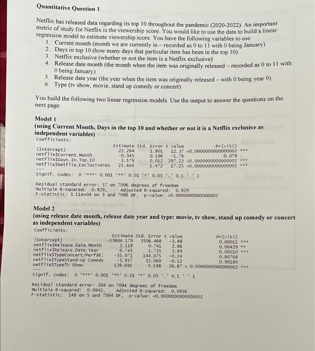 Solved Quantitative Question 1 Netflix has released data | Chegg.com