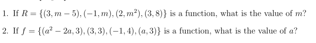 Solved If R={(3,m-5),(-1,m),(2,m2),(3,8)} ﻿is a function, | Chegg.com