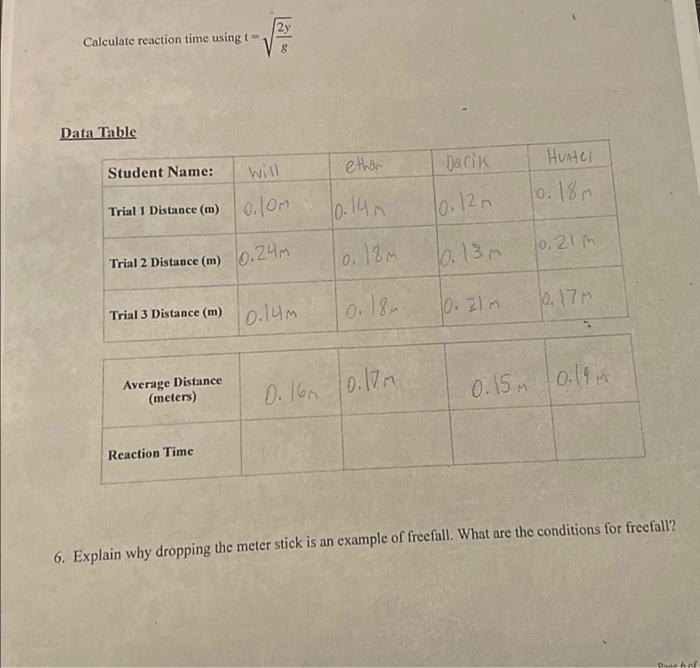 Solved Calculate reaction time using t=g2y Data Table 6.