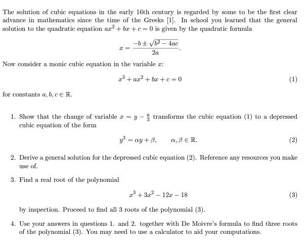 Solved The solution of cubic equations in the early 16th | Chegg.com