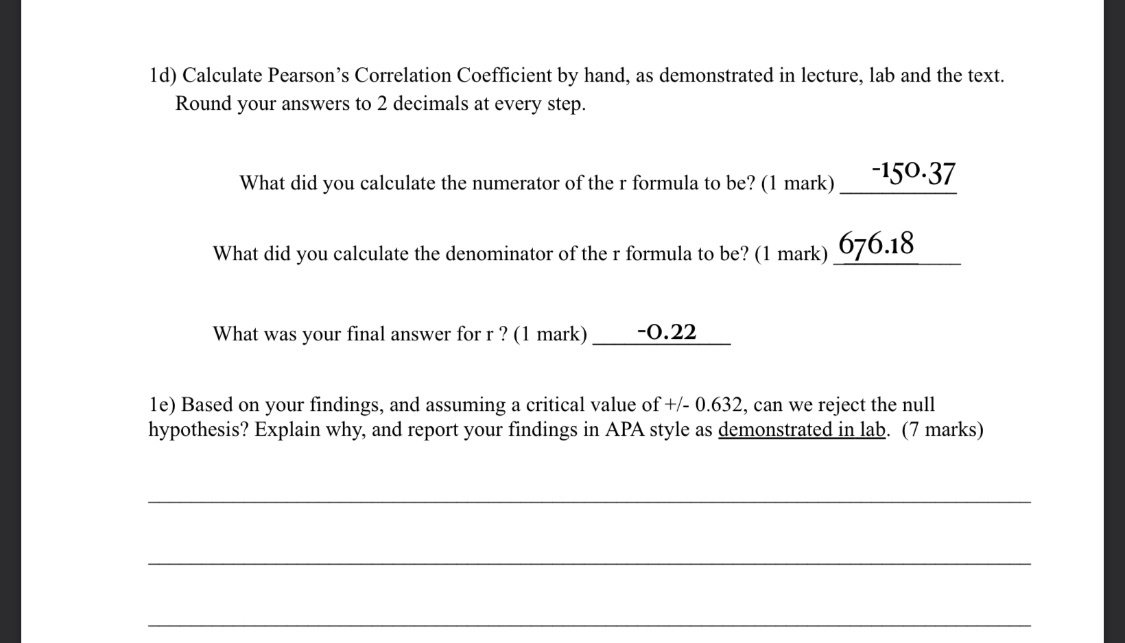 Solved 1d) ﻿Calculate Pearson's Correlation Coefficient by | Chegg.com
