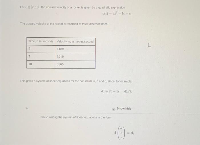 Solved For t∈[2,10], the upward velocity of a rocket is | Chegg.com