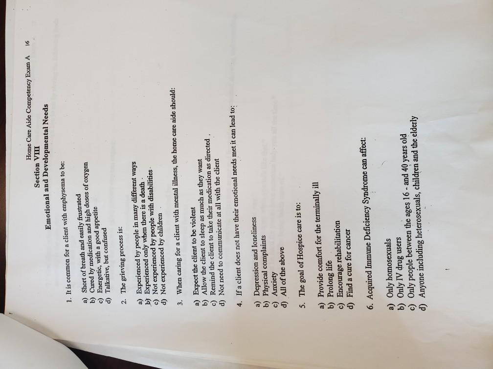 Home Care Aide Competency Exam A 2 Section I