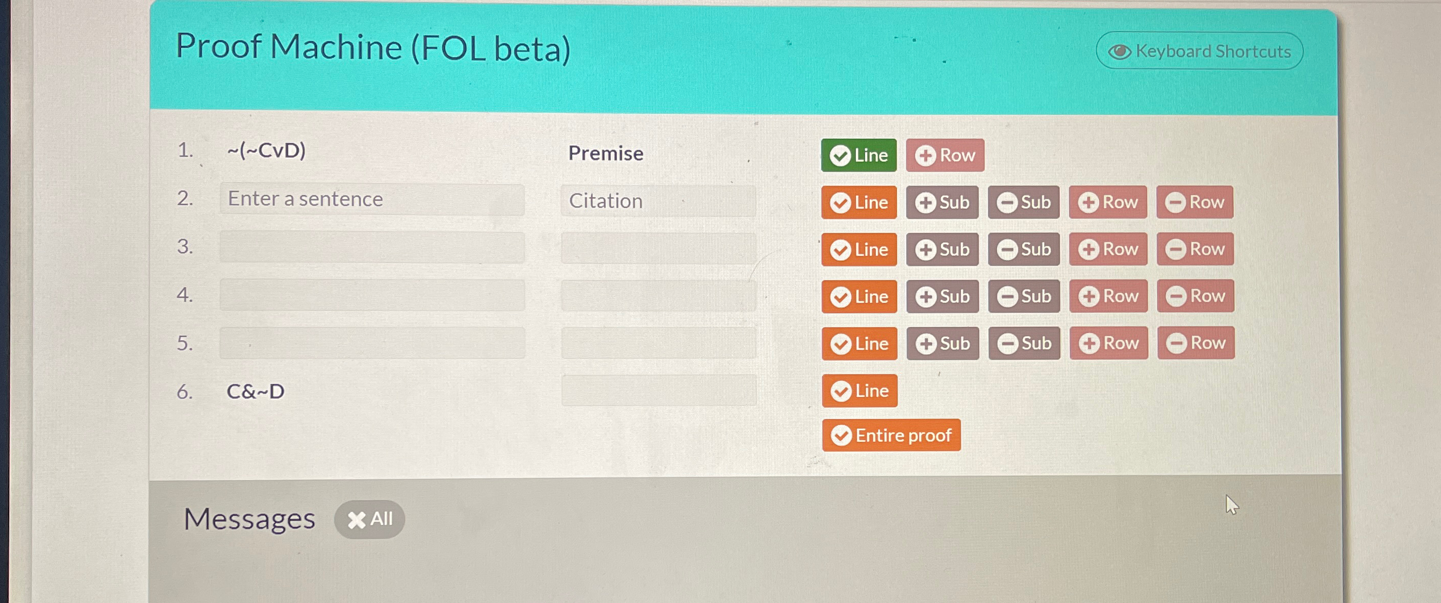 Solved Proof Machine (FOL beta)∼(∼CvD)PremiseEnter a | Chegg.com