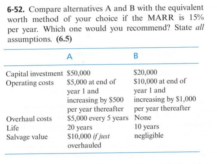 Solved 6-52. Compare Alternatives A And B With The | Chegg.com