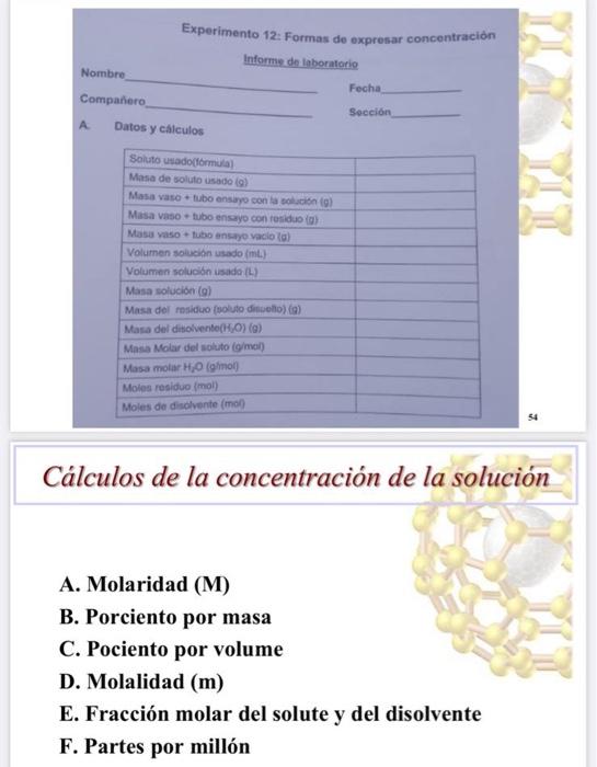 Experimento 12: Formas de expresar concentración Informe de loboratorio. Nombre Fecha Companero Ssccion A. Datos y calculos 5