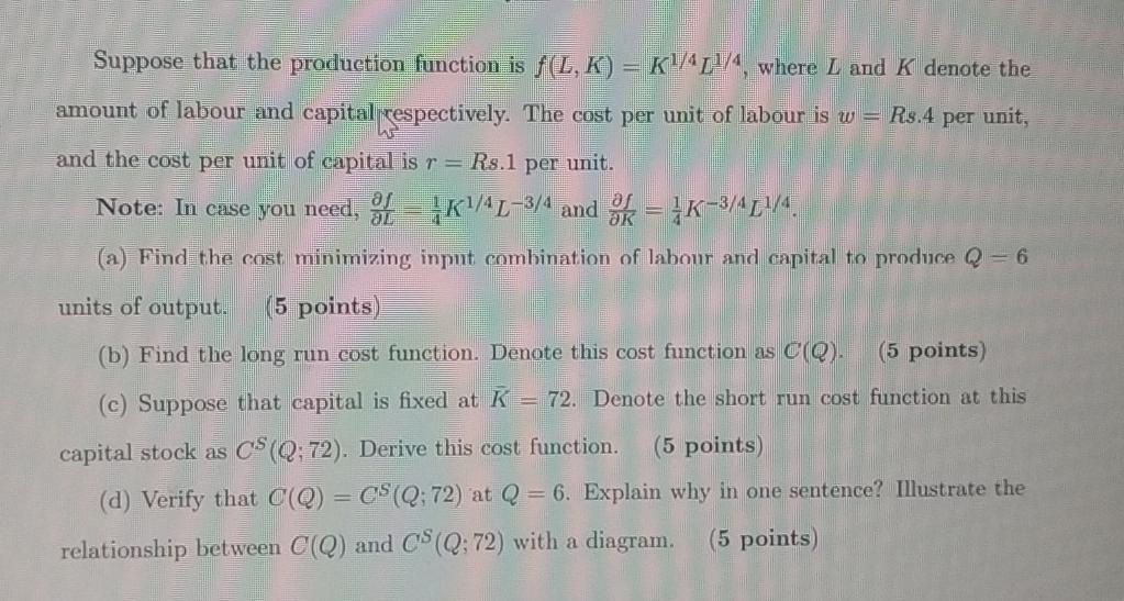 Solved Suppose that the production function is f(L,K) = | Chegg.com