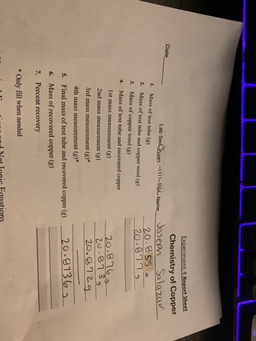 experiment 28 report sheet chemistry of copper