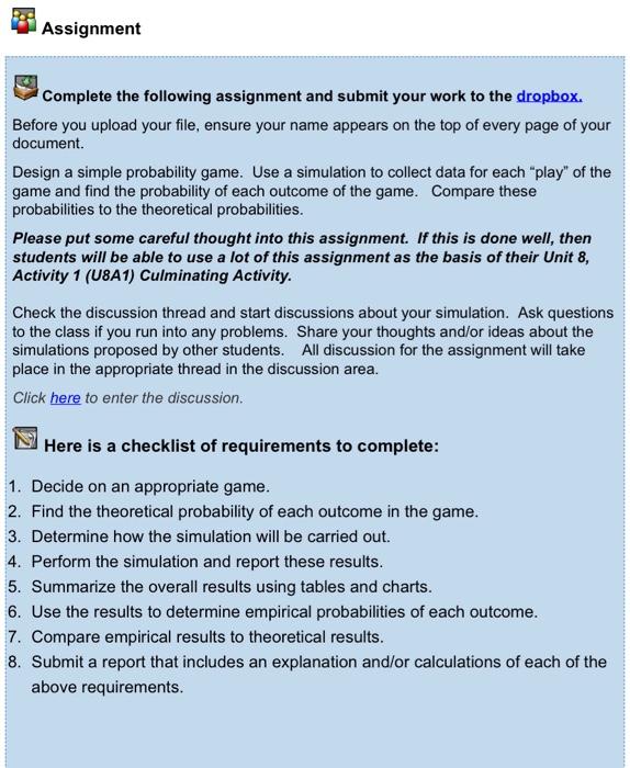 Solved Assignment Complete the following assignment and | Chegg.com