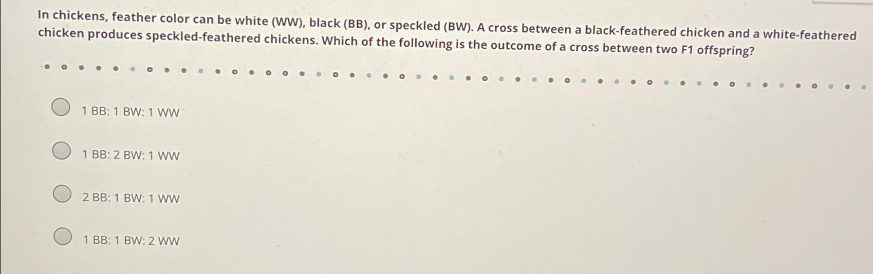 Solved In chickens, feather color can be white (WW), ﻿black | Chegg.com