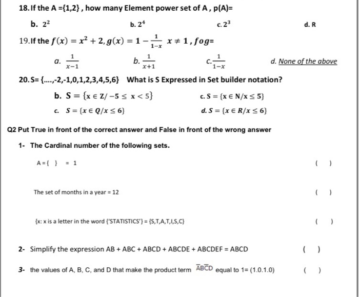 Solved 18 If The A 1 2 How Many Element Power Set Of Chegg Com