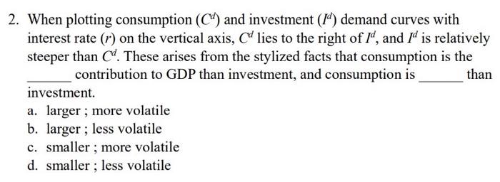 2. When plotting consumption (C) and investment (1) demand curves with
interest rate (r) on the vertical axis, Cd lies to the