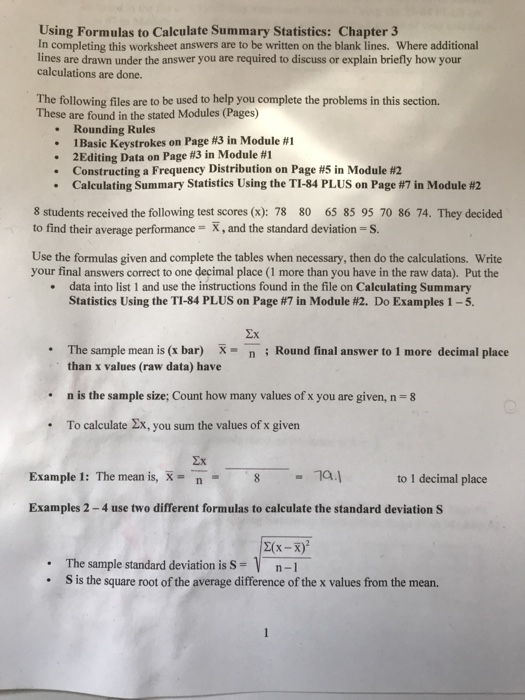 Solved Using Formulas To Calculate Summary Statistics: 