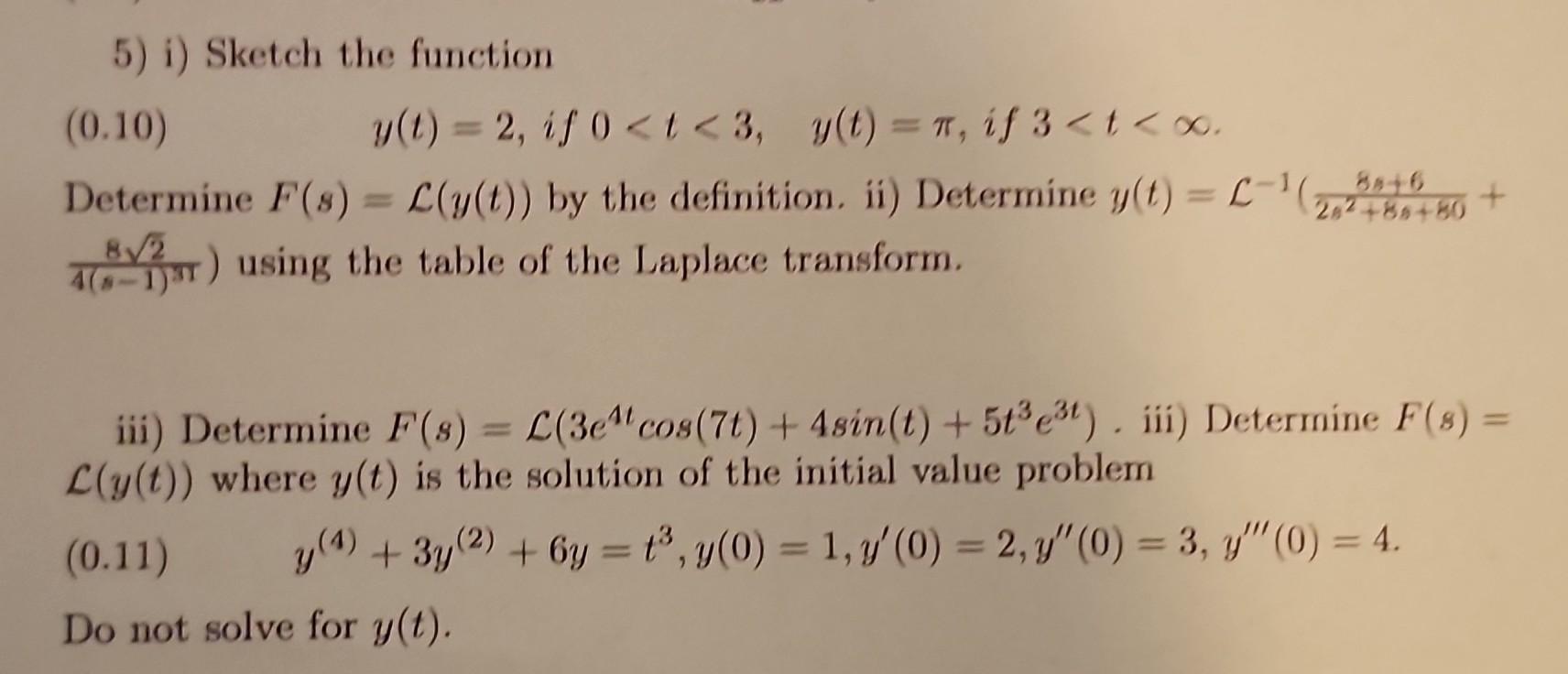 5) i) Sketch the function (0.10)y(t)=2, if 0 | Chegg.com