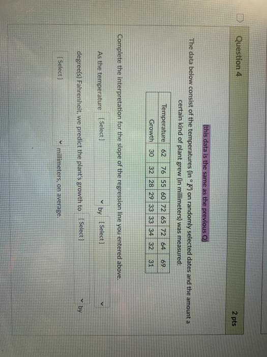 Solved Question 4 2 pts (this data is the same as the | Chegg.com