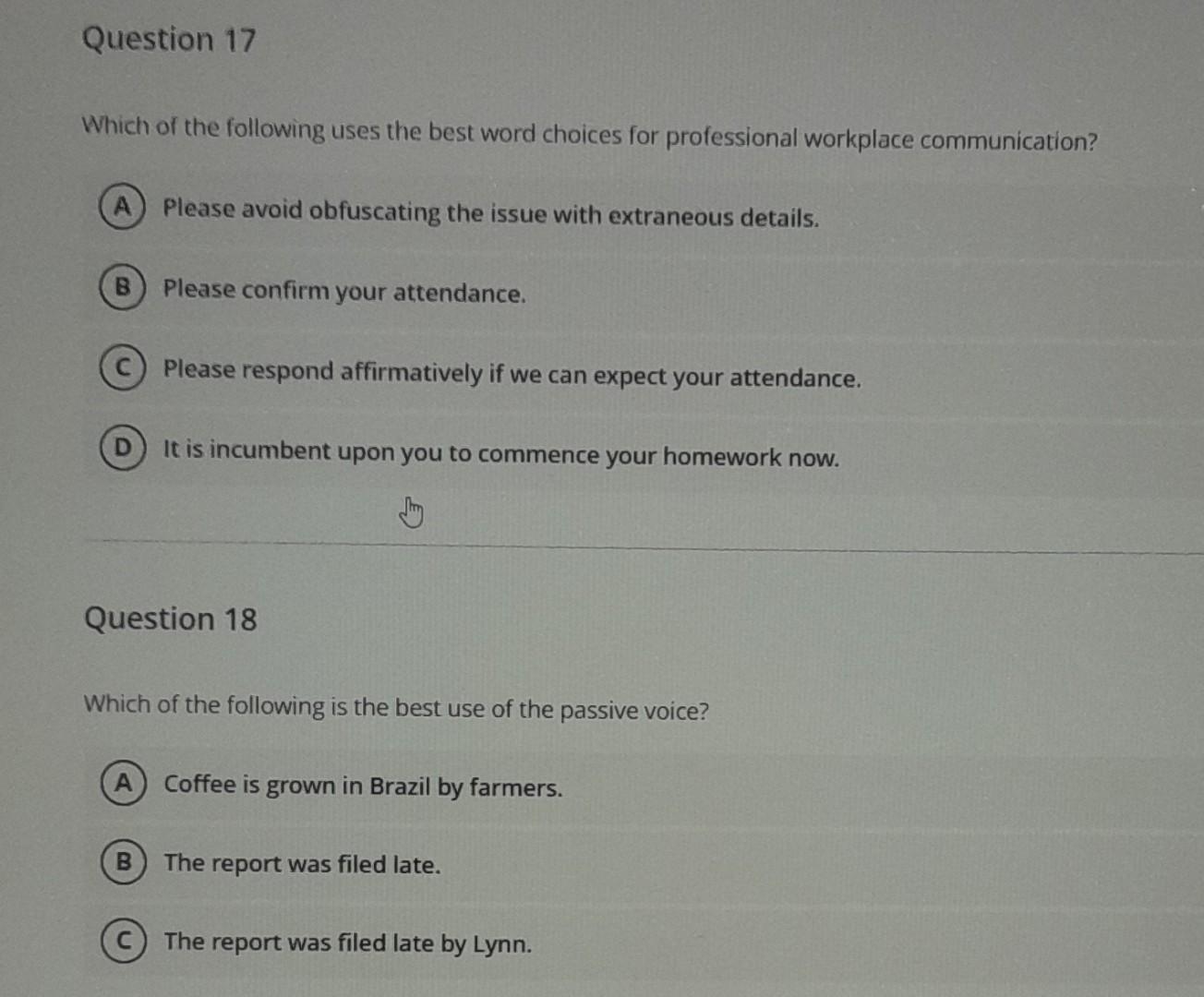 Solved Question 17 Which of the following uses the best word | Chegg.com