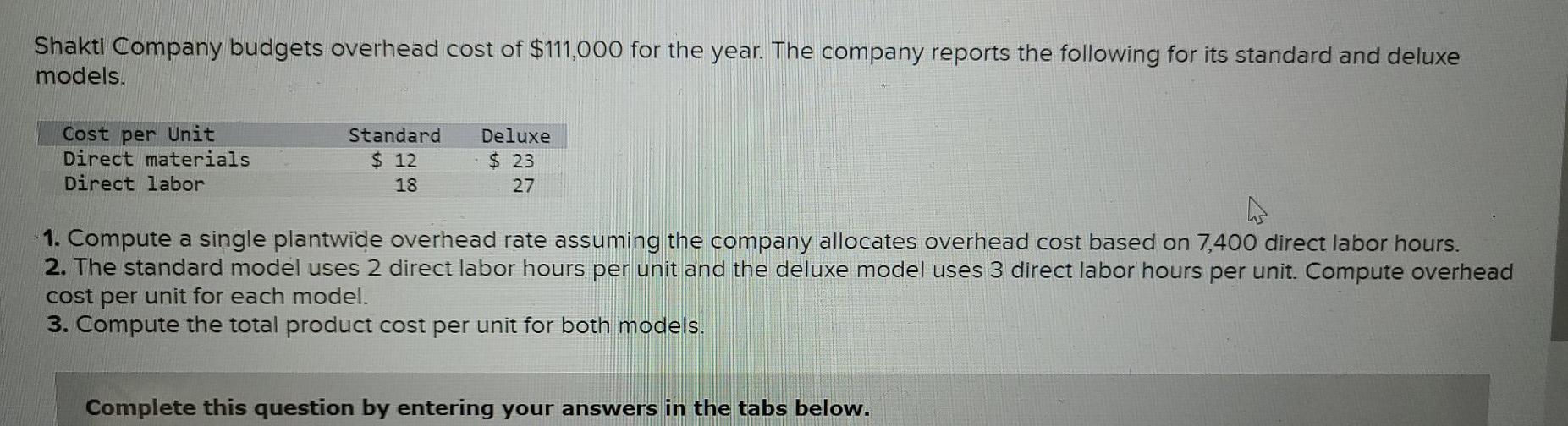 Solved Shakti Company Budgets Overhead Cost Of 111 000 For Chegg