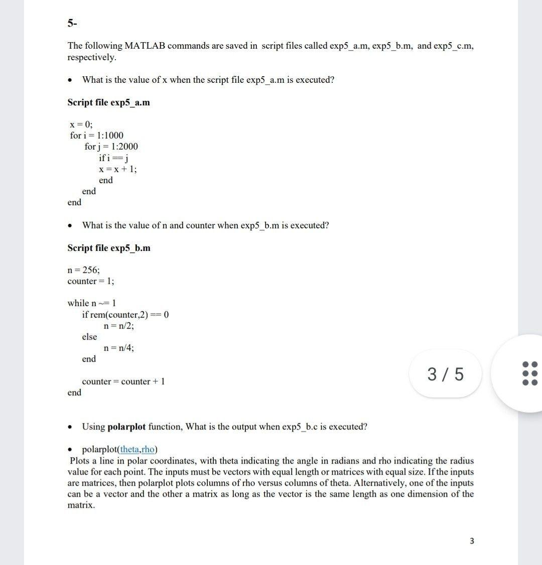 Solved 5- The following MATLAB commands are saved in script | Chegg.com
