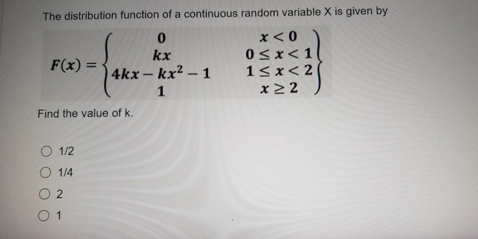 Solved The distribution function of a continuous random | Chegg.com