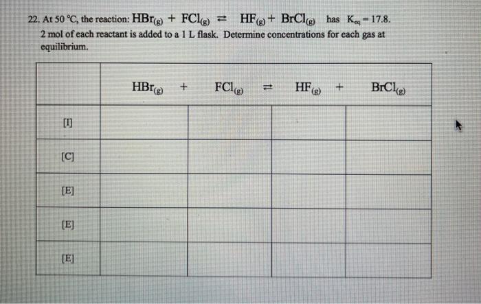 Solved 22. At 50 °C, the reaction: HBrg) + FCI) = HF9+ | Chegg.com