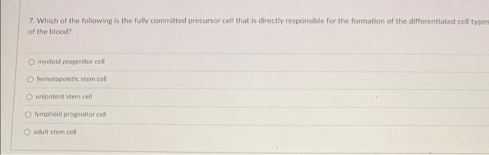 7. Which of the following is the fully committed precursor cell that is directly responsible for the formation of the differe
